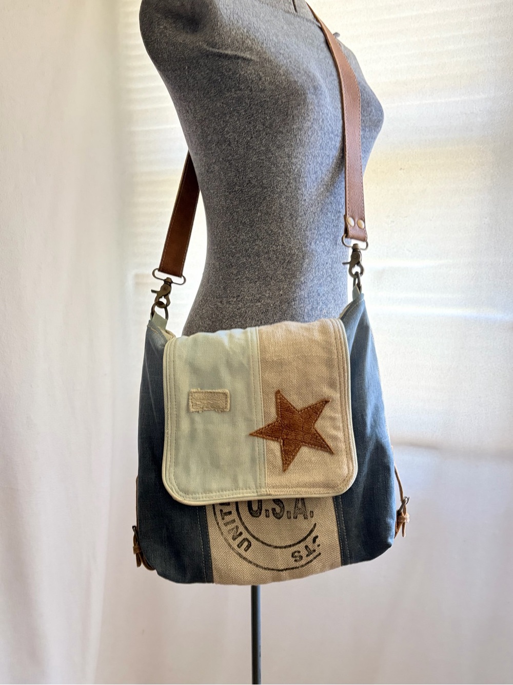 Myra Bag upcycled denim shoulder bag with canvas and leather